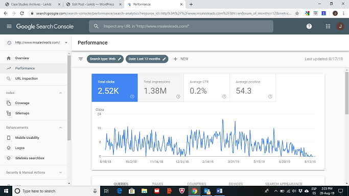 Search Console MSalesLeads Clicks 1 year